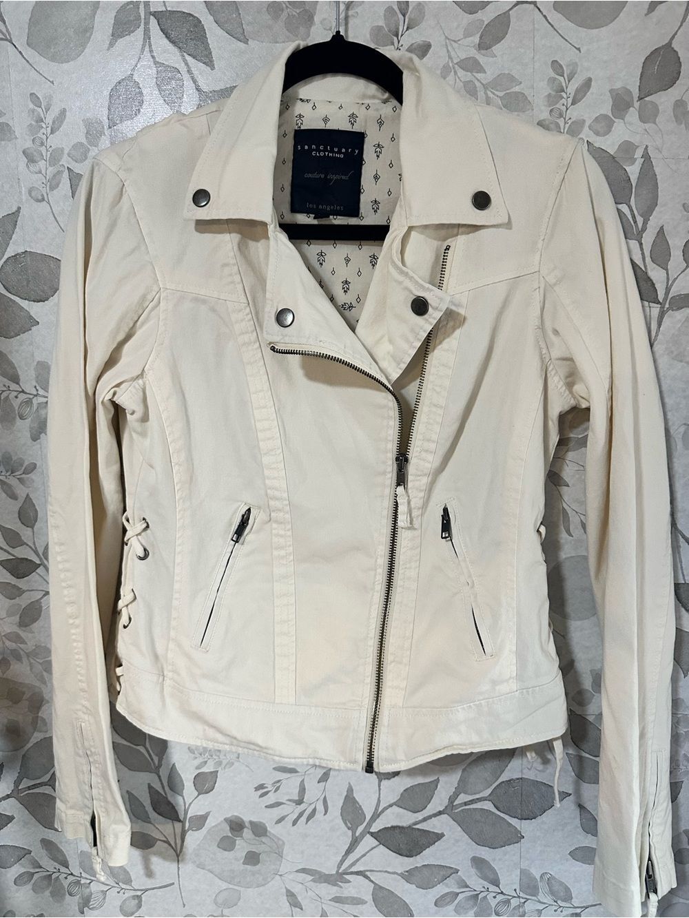 Anthropologie Sanctuary Cream Off-White Moto Jacket with Lace-Side Detail Small